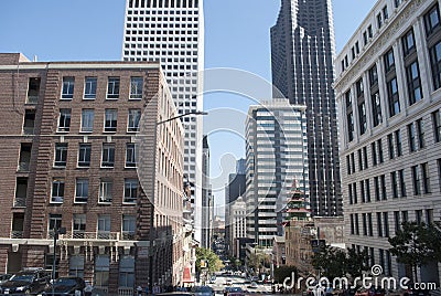 Downtown of San Francisco. Skyscrapers, cars, people walking Editorial Stock Photo