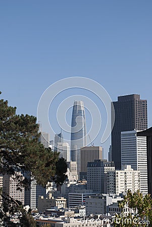 Downtown of San Francisco. Skyscrapers, modern architecture, cars, people walking Editorial Stock Photo