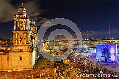 Metropolitan Cathedral Zocalo Mexico City Christmas Night Stock Photo