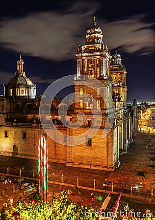 Metropolitan Cathedral Zocalo Mexico City Mexico at Night Stock Photo
