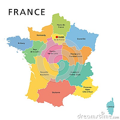 France, political map with multicolored regions of Metropolitan France Vector Illustration