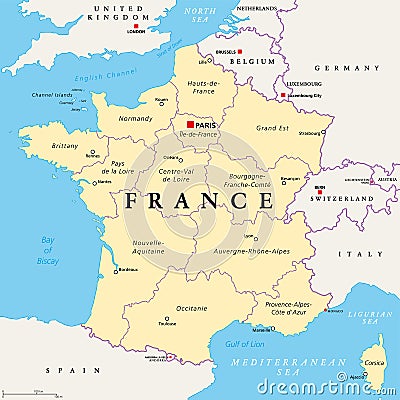 France, political map. Regions of Metropolitan France Vector Illustration