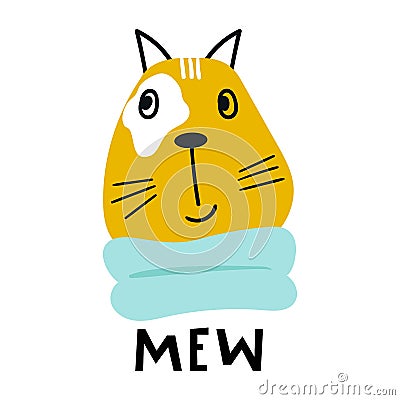 Mew - Cute hand drawn nursery poster with cartoon cat character and lettering in scandinavian style. Cartoon Illustration