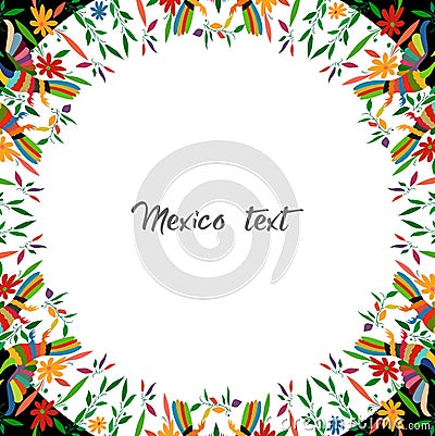 Mexican Traditional Textile Embroidery Style from Tenango City, Hidalgo, Mexico. Round Floral Composition with Birds, Peacocks Vector Illustration