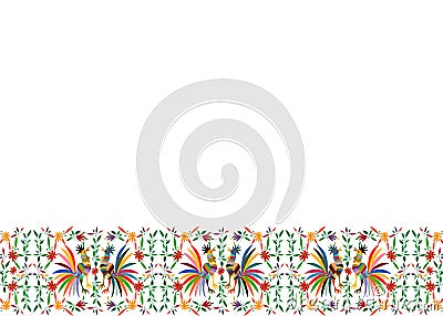 Otomi Style, Frame Ethnic Mexican embroidery floral and roosters jungle animals hand-made. Naive print folk decorations Vector Illustration