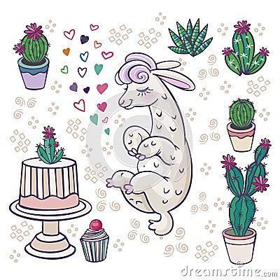 Mexican Alpaca Llamas and desert plants vector set. Cartoon lamaser and easter cactus with flowers illustration Cartoon Illustration