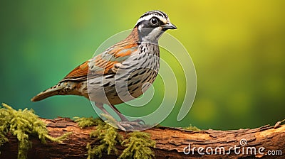 Mexican-american Quail On Mossy Branch: Dark Teal And Dark Orange Photographic Art Stock Photo