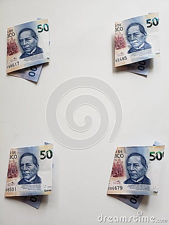 mexican banknotes of 500 pesos in corners and white background Stock Photo