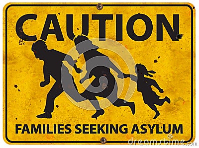 Mexican Border Family Running Asylum Sign Caution Stock Photo