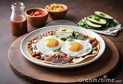 mexican breakfast huevos rancheros with tacos, fried eggs and salsa Stock Photo