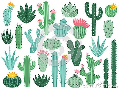 Mexican cactus and aloe. Desert spiny plant, mexico cacti flower and tropical home plants isolated vector collection Vector Illustration