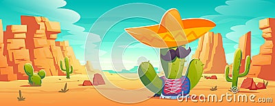 Mexican cactus with mustaches in sombrero, poncho Vector Illustration