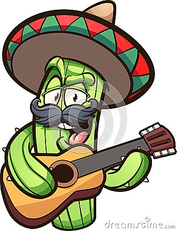 Mexican cactus playing guitar cartoon Vector Illustration