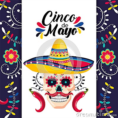 Mexican card with skull decoration and hat Vector Illustration