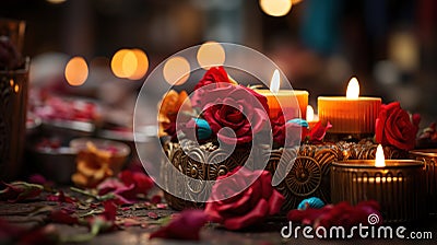Mexican Catholic Altar Event with Candles and Flowers Defocused Background Stock Photo