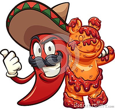 Mexican chili pepper holding a gummy bear Vector Illustration