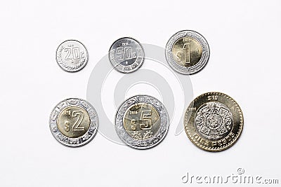 Mexican coins on a white background Stock Photo