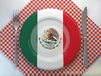 Mexican cuisine or mexican restaurant concept. Plate with flag of Mexico with knife and fork Cartoon Illustration