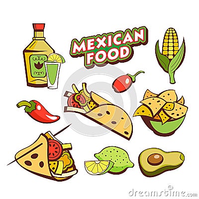 Mexican cuisine. A set of popular Mexican dishes. Fast food. Vector illustration. Vector Illustration