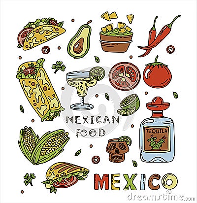 Mexican cuisine, vector doodle food set. National spicy food, fast food, snacks. Sketch illustration for restaurant Vector Illustration