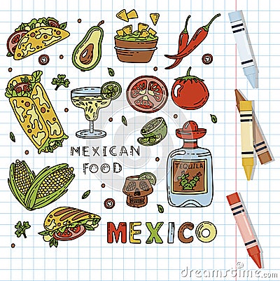 Mexican cuisine, vector doodle food set. National spicy food, fast food, snacks. Sketch illustration for restaurant Vector Illustration