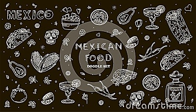 Mexican cuisine, vector doodle food set. National spicy food, fast food, snacks. Sketch illustration for restaurant Vector Illustration