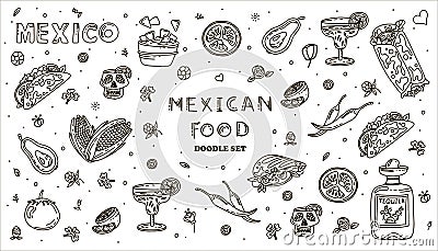 Mexican cuisine, vector doodle food set. National spicy food, fast food, snacks. Sketch illustration for restaurant Vector Illustration