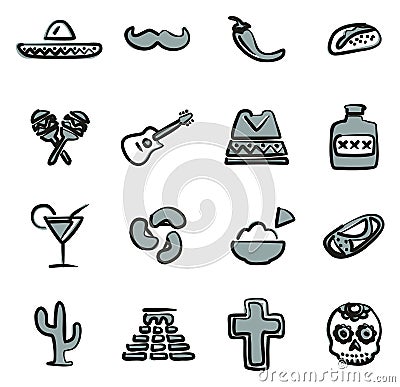 Mexican Culture Icons Freehand 2 Color Vector Illustration