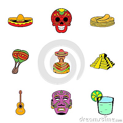 Mexican culture icons set, cartoon style Vector Illustration