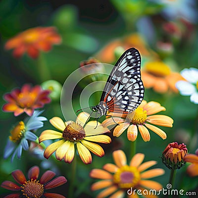 Mexican daisy blooms, a butterfly rests on vibrant coat buttons Stock Photo