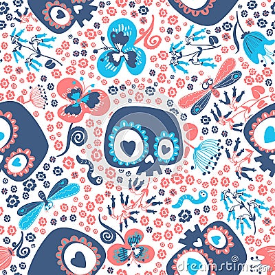 Mexican Day of the Dead festive seamless pattern with heart eyed cartoon skulls, beautiful wild flowers, lovely insects Vector Illustration