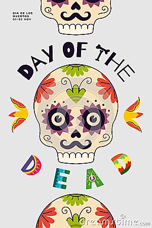 Mexican Day of the Dead party poster. Dia de Los Muertos national Mexico festival greeting card. Lettering and skull on Vector Illustration