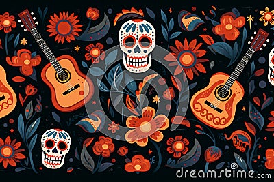 Mexican Day of the Dead Skull with Guitars Illustration Flowers Background Stock Photo