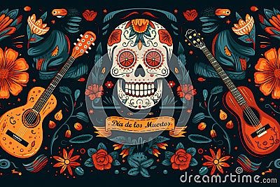 Mexican Day of the Dead Skull with Guitars Illustration Flowers Background Text Stock Photo