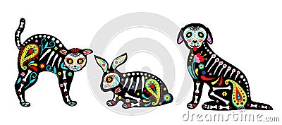 Mexican dead animals. Day of the dead, Dia de los muertos, animals skulls and skeleton decorated with colorful Mexican Vector Illustration