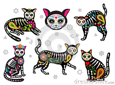 Mexican dead cats. Dead animals. Cats skulls and sugar heads colorful holiday vector illustration for day of the dead Vector Illustration