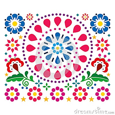 Mexican folk art style vector design with flowers and geometric mandala - perfect for greeting card or wedding invitaion Vector Illustration