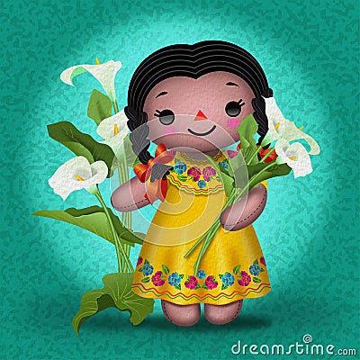 Mexican doll with alcatraz flowers Cartoon Illustration