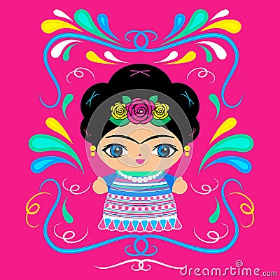 Mexican Doll with decorative background Vector Illustration