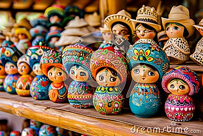 Mexican dolls are on display at a market. Stock Photo