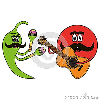 Mexican emoji character with guitar and chilli pepper Vector Illustration