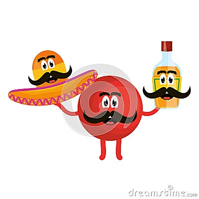 Mexican emoji with hat and tequila bottle Vector Illustration