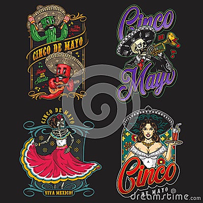 Mexican entertainment colorful labels set Vector Illustration