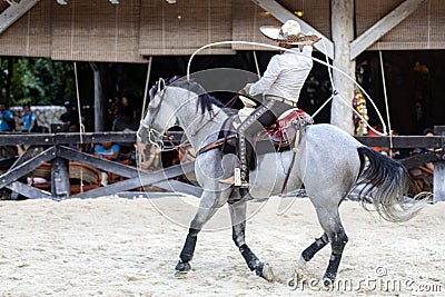 Mexican Equestrian with a magnificent exhibition of the Aztec horse running lasso of great lineage Editorial Stock Photo