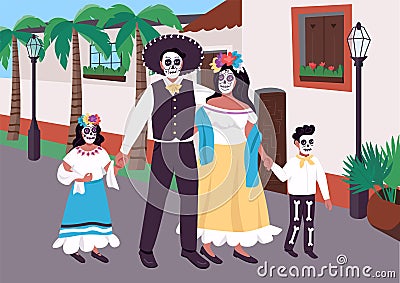 Mexican family at carnival flat color vector illustration Vector Illustration