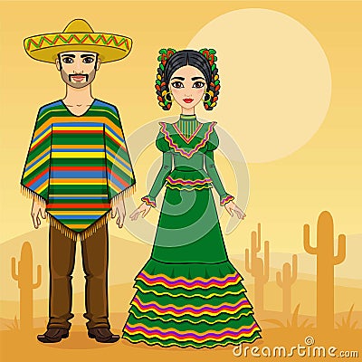 Mexican family in traditional clothes. Cartoon Illustration