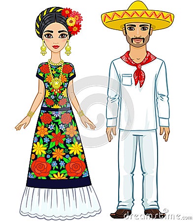 Mexican family in traditional clothes. Vector Illustration