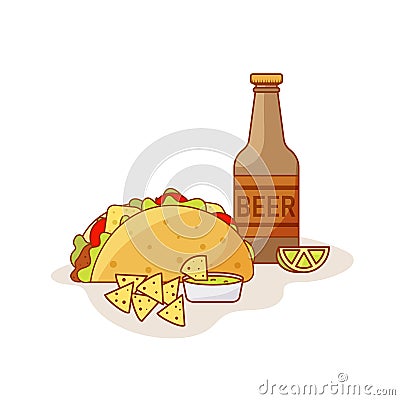 Mexican fast food combo menu. Tacos, beer, lime, nachos and guacamole Vector Illustration