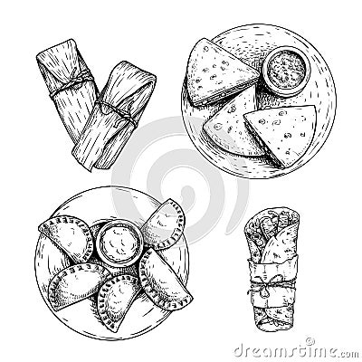 Mexican fast food set. Hand drawn sketch style. Top view. Tamales, Empanadas, Burritos and Quesadillas. Best for menu design and p Vector Illustration