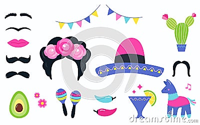 Mexican Fiesta Party Elements and Photo Booth Props Set. Vector Design Vector Illustration